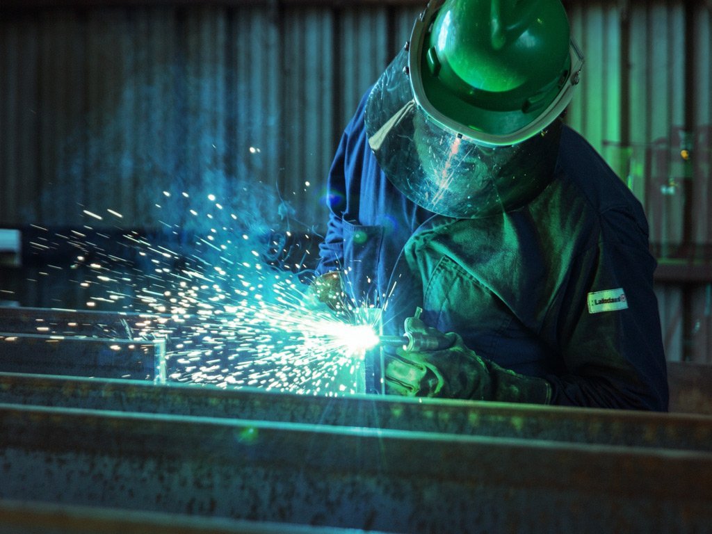 Welder in a green hard hat and face shield welding steel beams, sparks flying