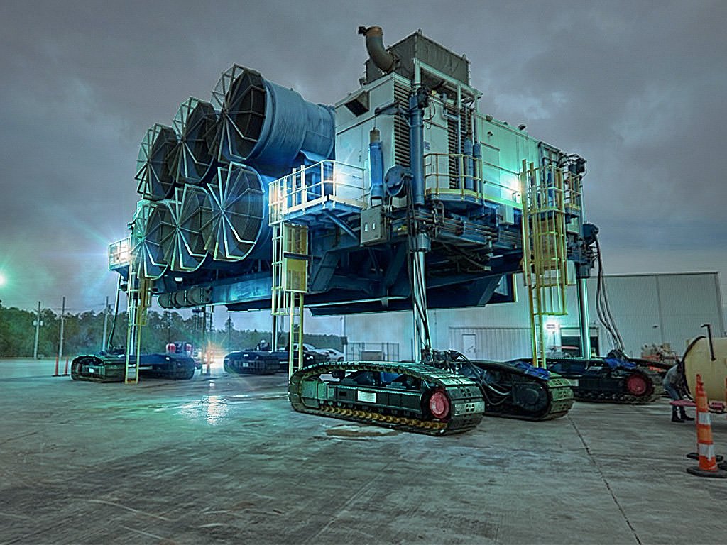 Massive heavy-lift machine with large exhaust fans raised on legs over crawler tracks, floodlit at dusk